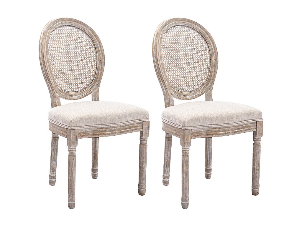 Stuhl 2er-Set - Rohrgeflecht, Stoff & Kautschukholz - Beige - ANTOINETTE