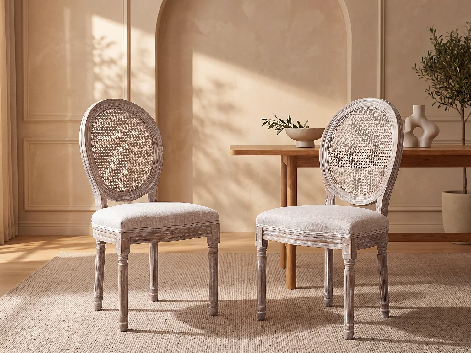 Set van 2 stoelen - Riet, stof en hevea hout - Beige - ANTOINETTE