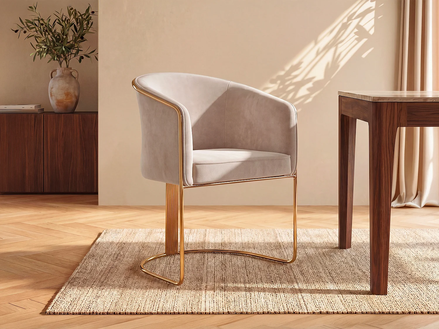 Chaise avec accoudoirs en velours et métal - Crème et doré - JOSETHE