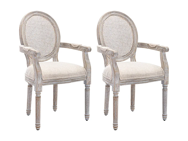 Lot de 2 chaises avec accoudoirs - Cannage, tissu et bois d'hévéa - Beige - ANTOINETTE