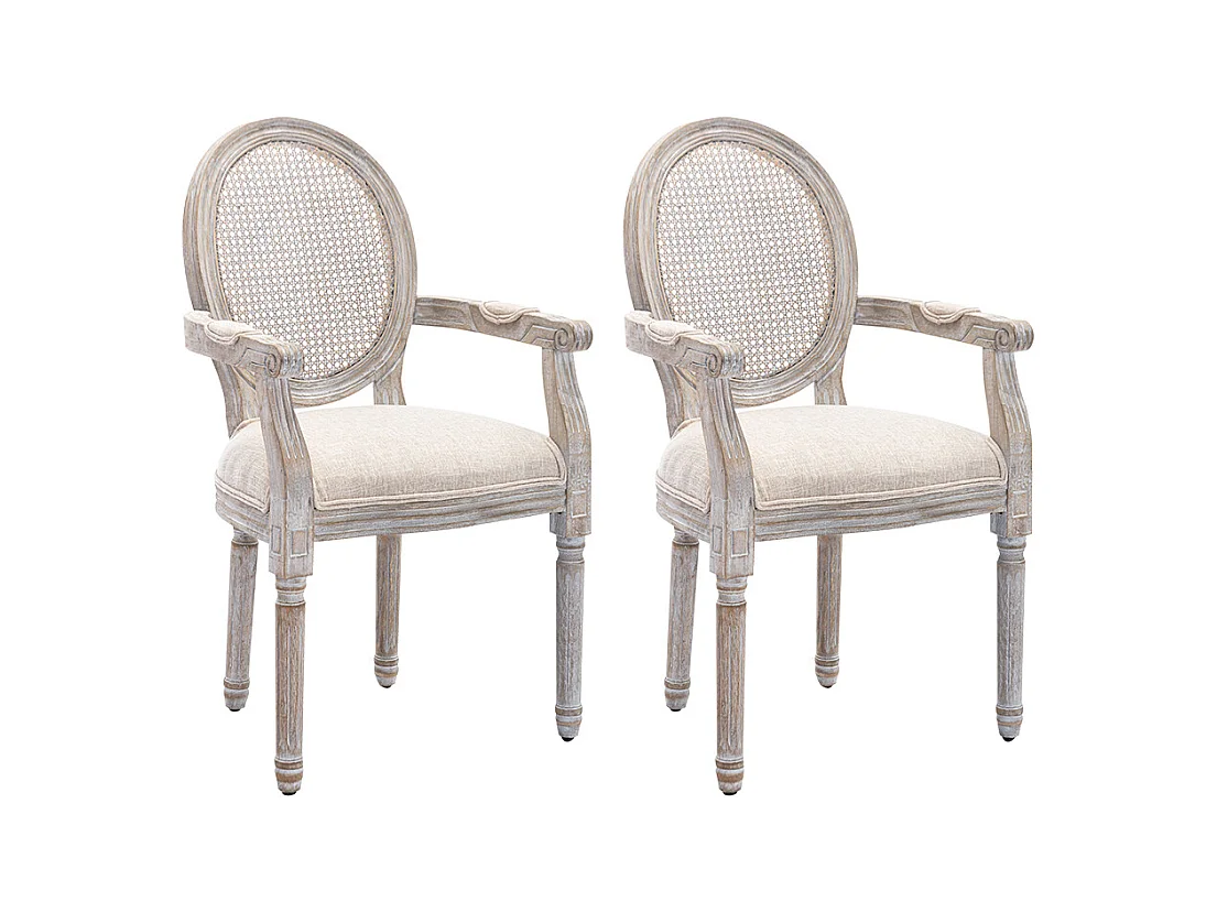 Lot de 2 chaises avec accoudoirs - Cannage, tissu et bois d'hévéa - Beige - ANTOINETTE