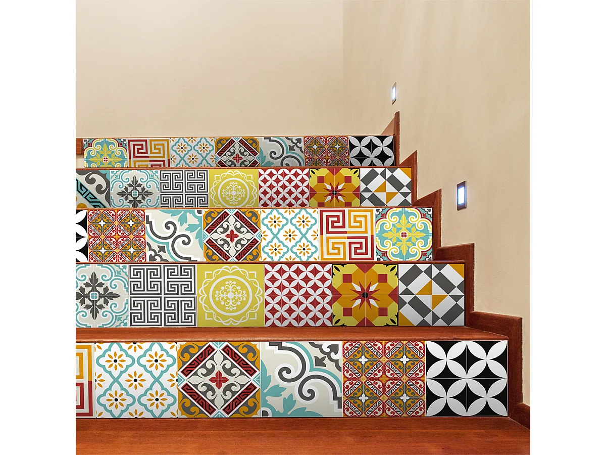 Stickers adhésifs escalier carrelages contremarche - MOSAIQUE MULTICOLORE - 2 bandes de 15.5x108.5cm