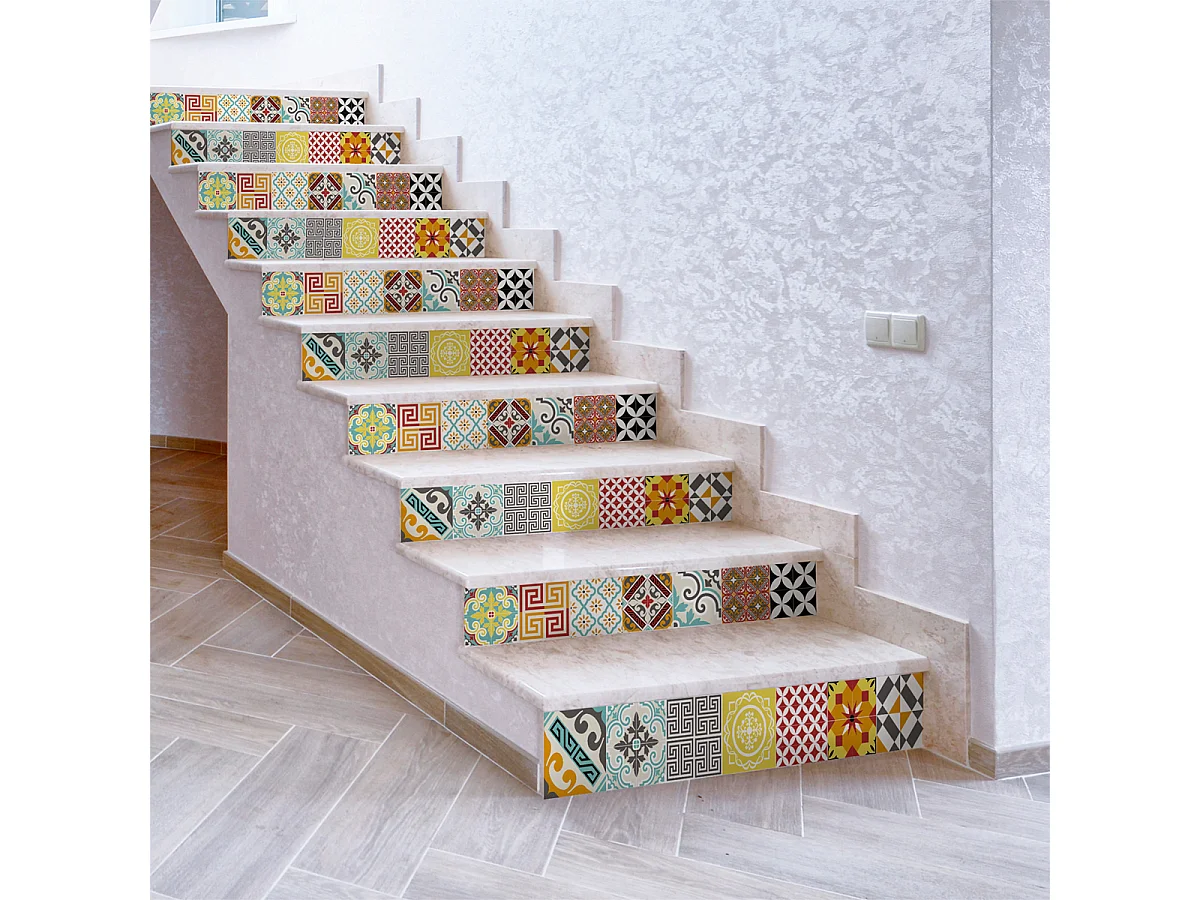 Stickers adhésifs escalier carrelages contremarche - MOSAIQUE MULTICOLORE - 2 bandes de 15.5x108.5cm