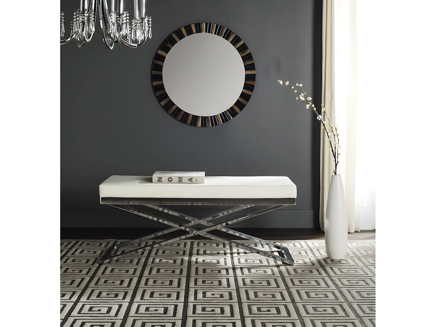 Banc & Ottomane Blanc et chrome 46 X 110 X 45.72 cm - Almina