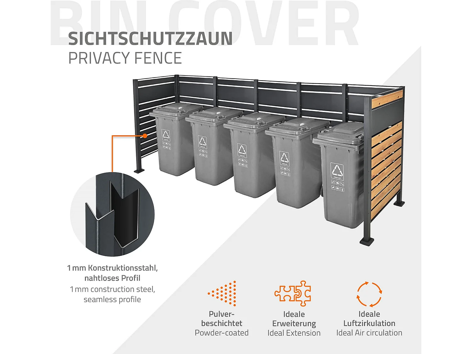 7x Éléments de clôture extensible pour poubelles 411 x 150 cm