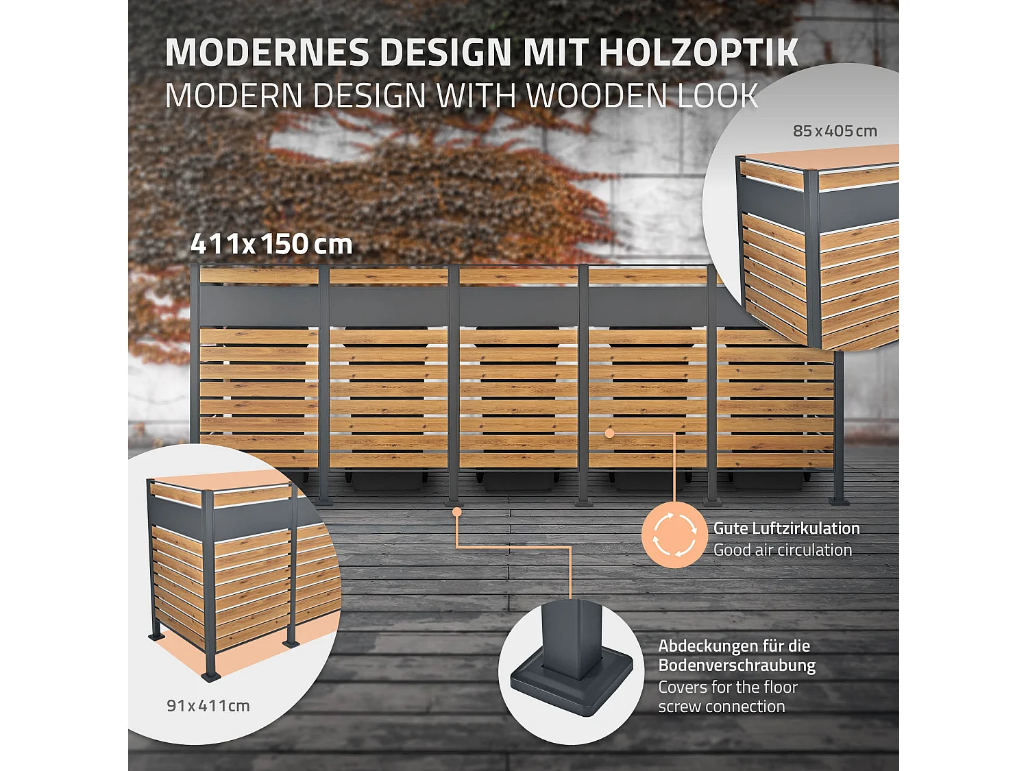 7x Éléments de clôture extensible pour poubelles 411 x 150 cm
