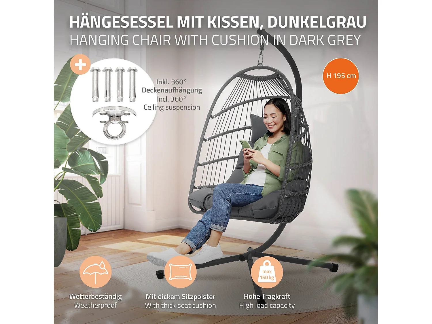 Chaise suspendue fauteuil œuf intérieur/extérieur coussin gris foncé+housse noir