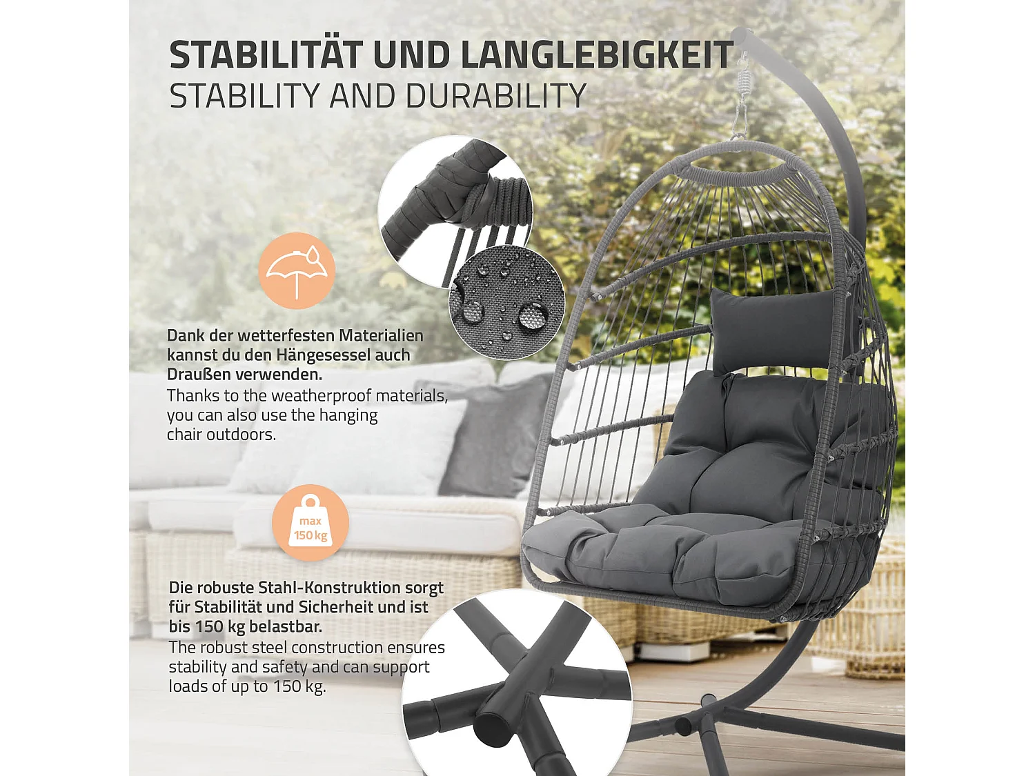 Chaise suspendue fauteuil œuf intérieur/extérieur coussin gris foncé+housse noir