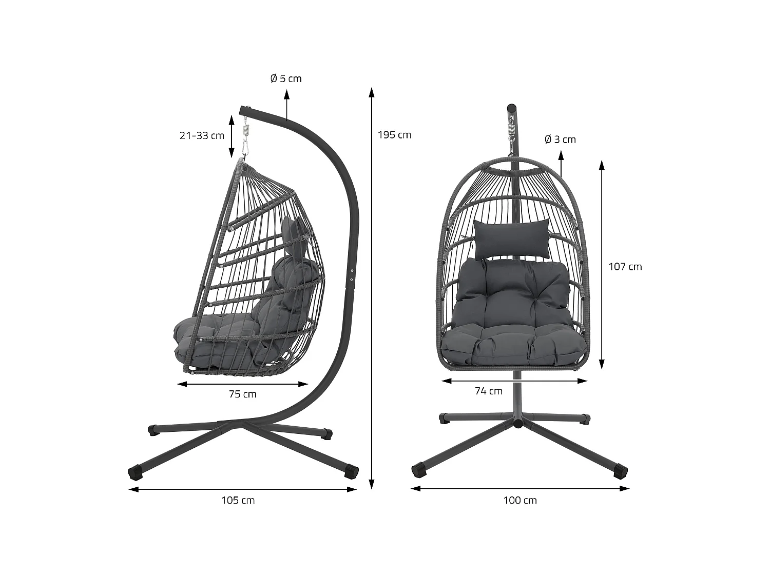 Chaise suspendue fauteuil œuf intérieur/extérieur coussin gris foncé+housse noir