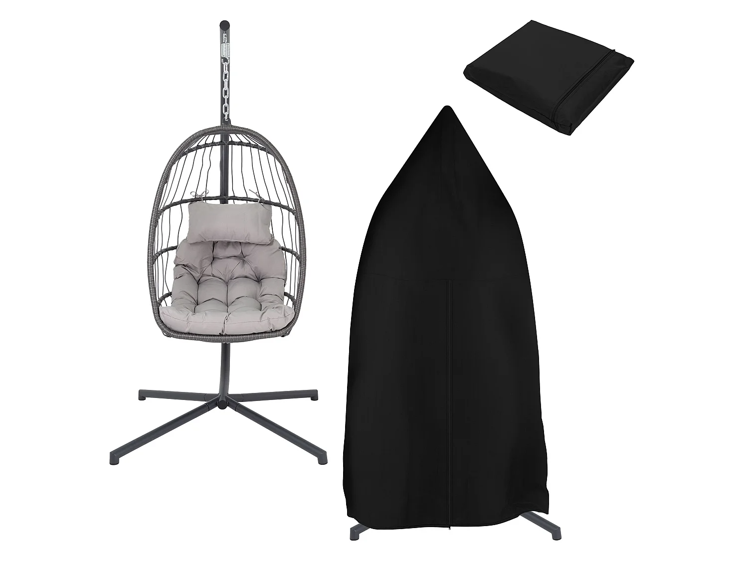 Chaise suspendu fauteuil œuf intérieur/extérieur coussins gris et housse noir