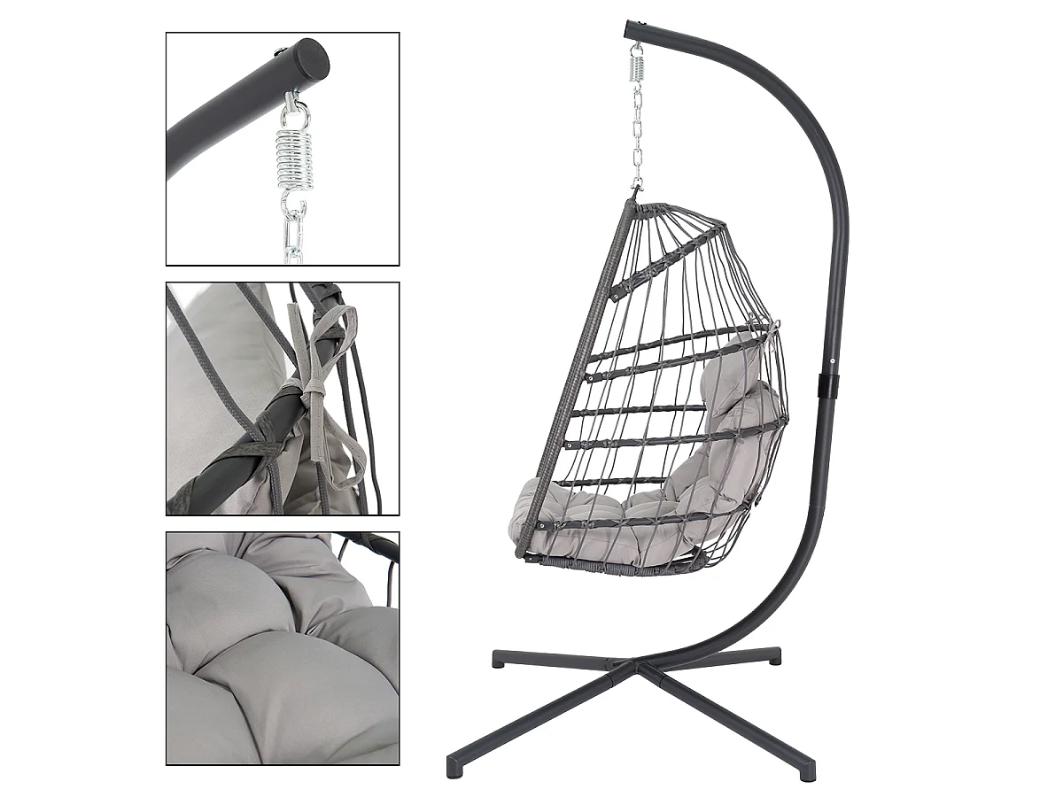 Chaise suspendu fauteuil œuf intérieur/extérieur coussins gris et housse noir