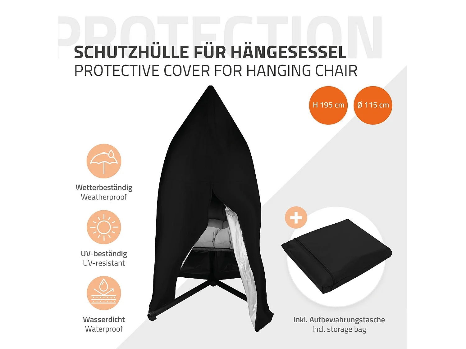 Chaise suspendu fauteuil œuf intérieur/extérieur coussins gris et housse noir