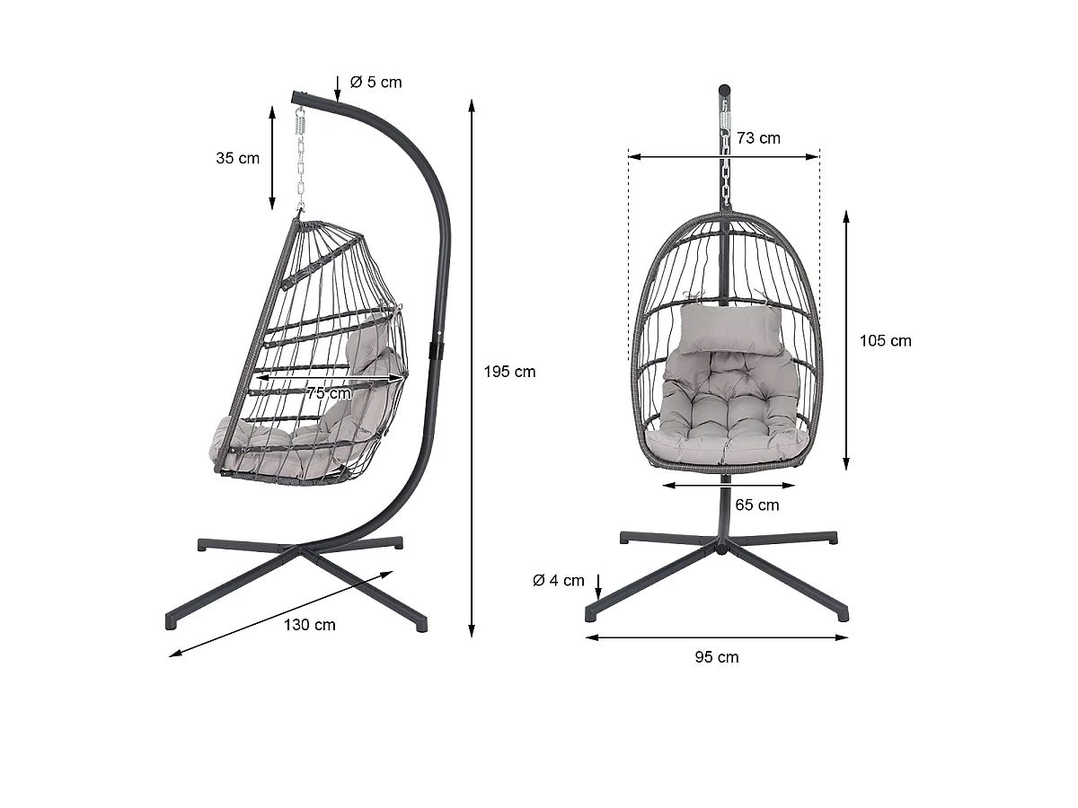 Chaise suspendu fauteuil œuf intérieur/extérieur coussins gris et housse noir