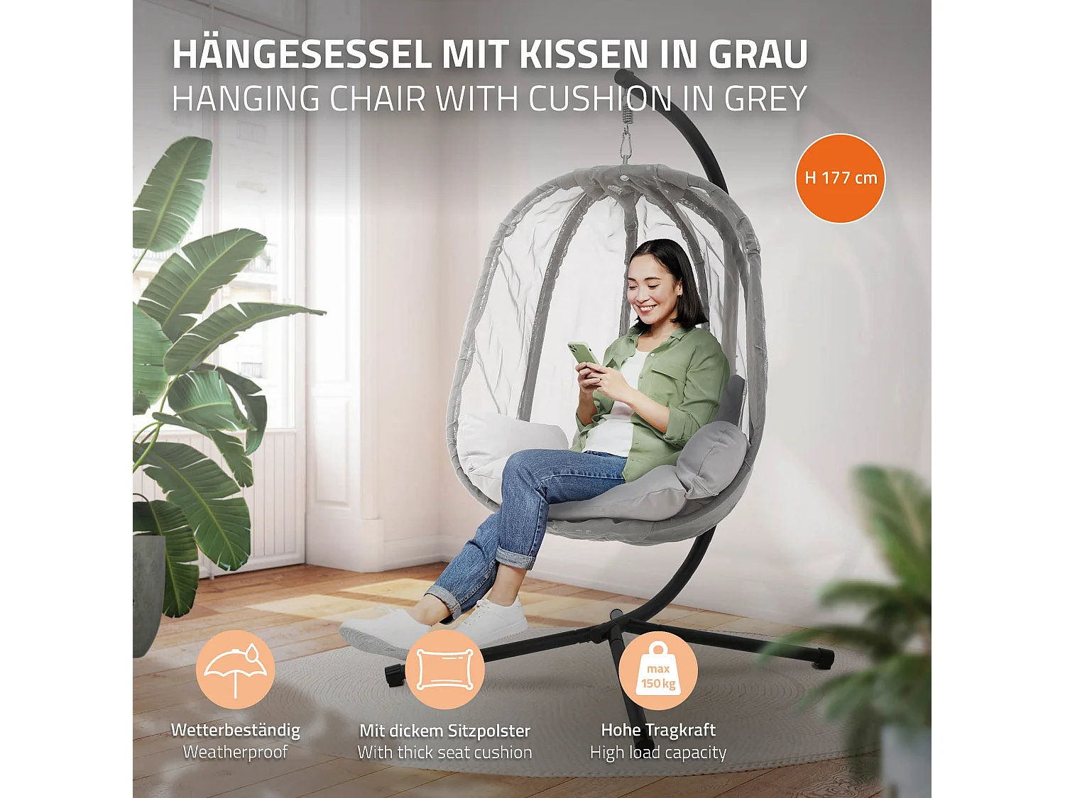 Chaise suspendue fauteuil œuf pour intérieur/extérieur coussins gris avec housse