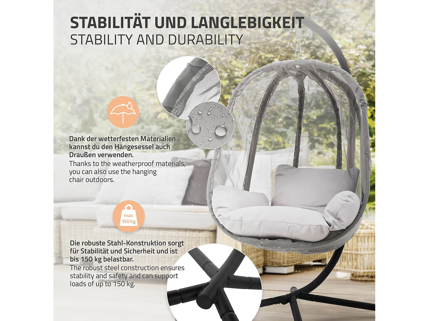 Chaise suspendue fauteuil œuf pour intérieur/extérieur coussins gris avec housse