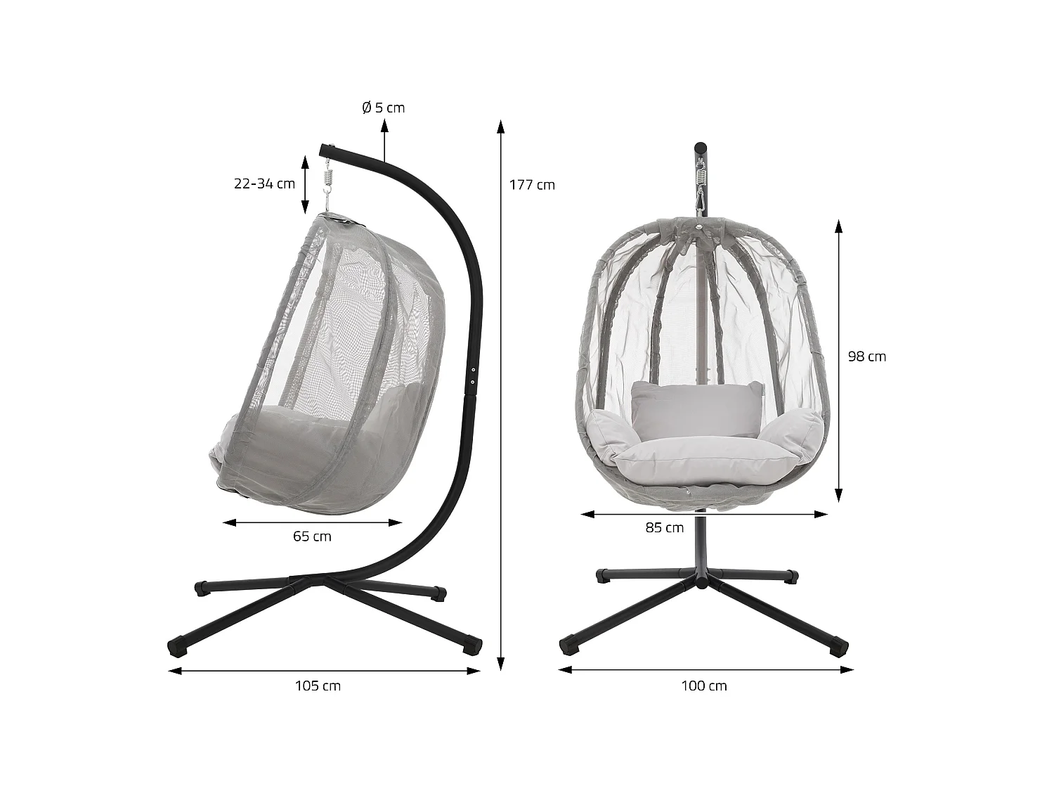 Chaise suspendue fauteuil œuf pour intérieur/extérieur coussins gris avec housse