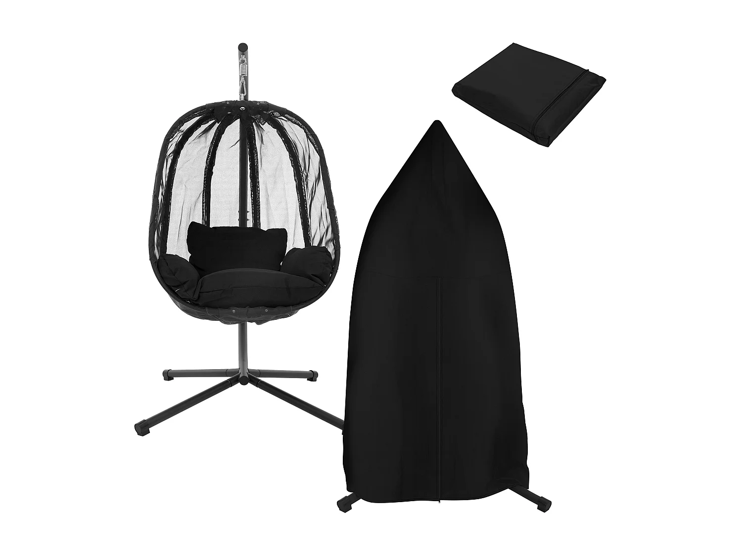 Chaise suspendue fauteuil œuf intérieur/extérieur coussins noir et housse noir