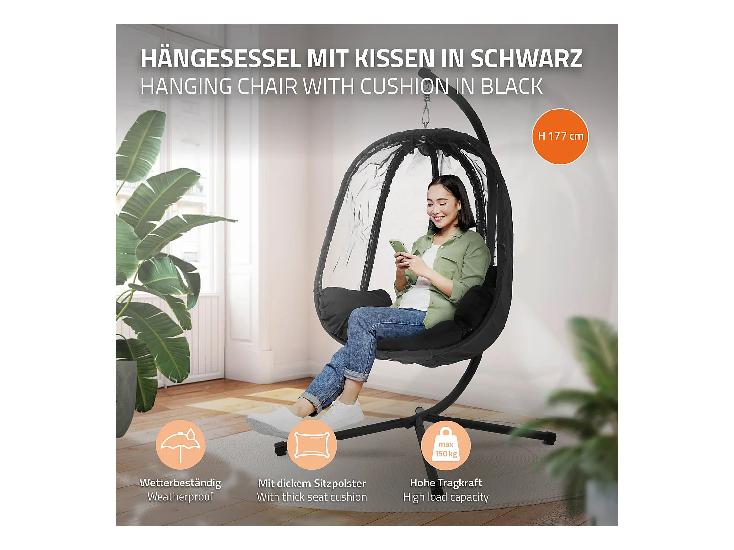Chaise suspendue fauteuil œuf intérieur/extérieur coussins noir et housse noir