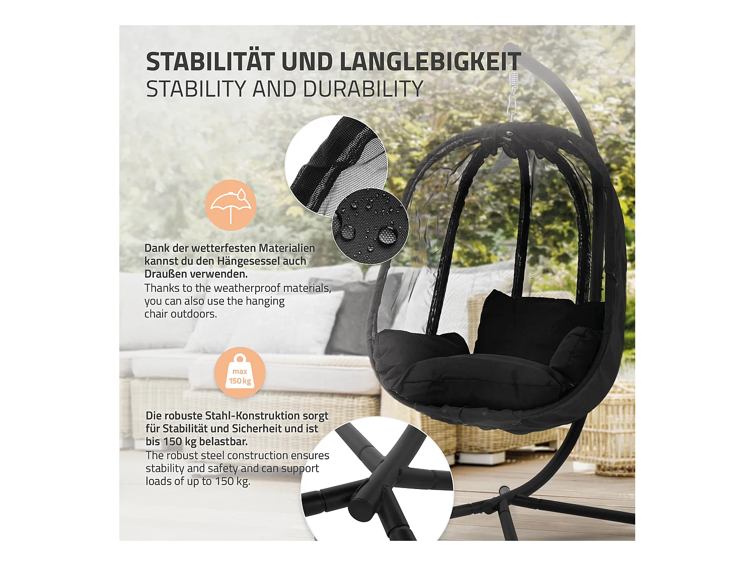 Chaise suspendue fauteuil œuf intérieur/extérieur coussins noir et housse noir