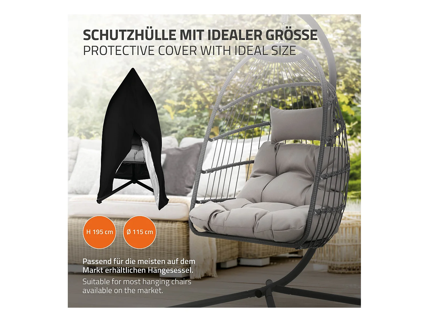 Chaise suspendue fauteuil œuf intérieur/extérieur coussins noir et housse noir