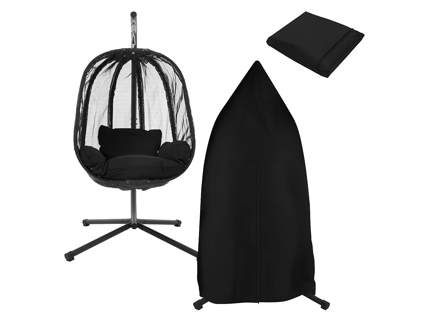 Chaise suspendue fauteuil œuf intérieur/extérieur coussins noir et housse noir