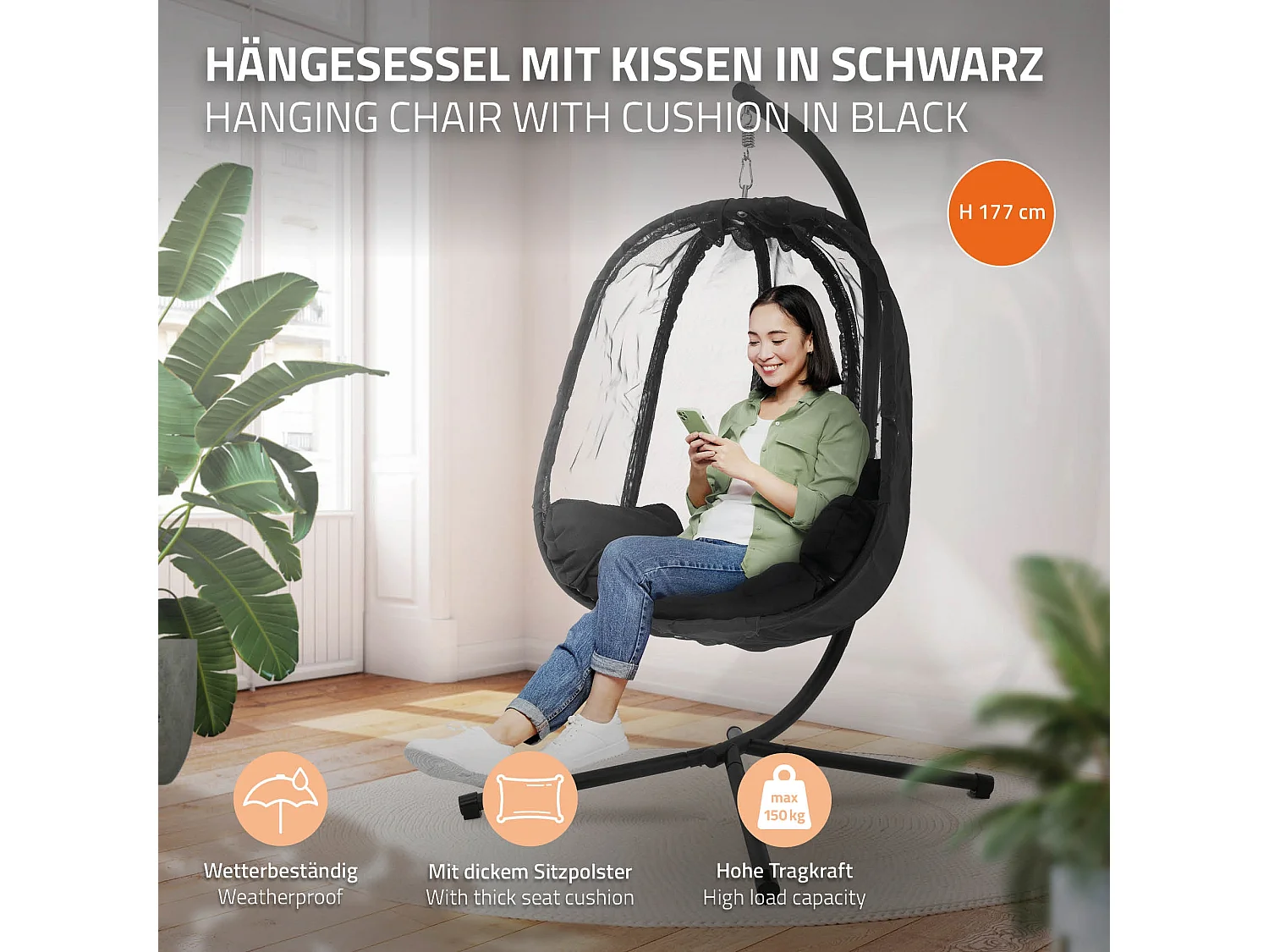 Chaise suspendue fauteuil œuf intérieur/extérieur coussins noir et housse noir