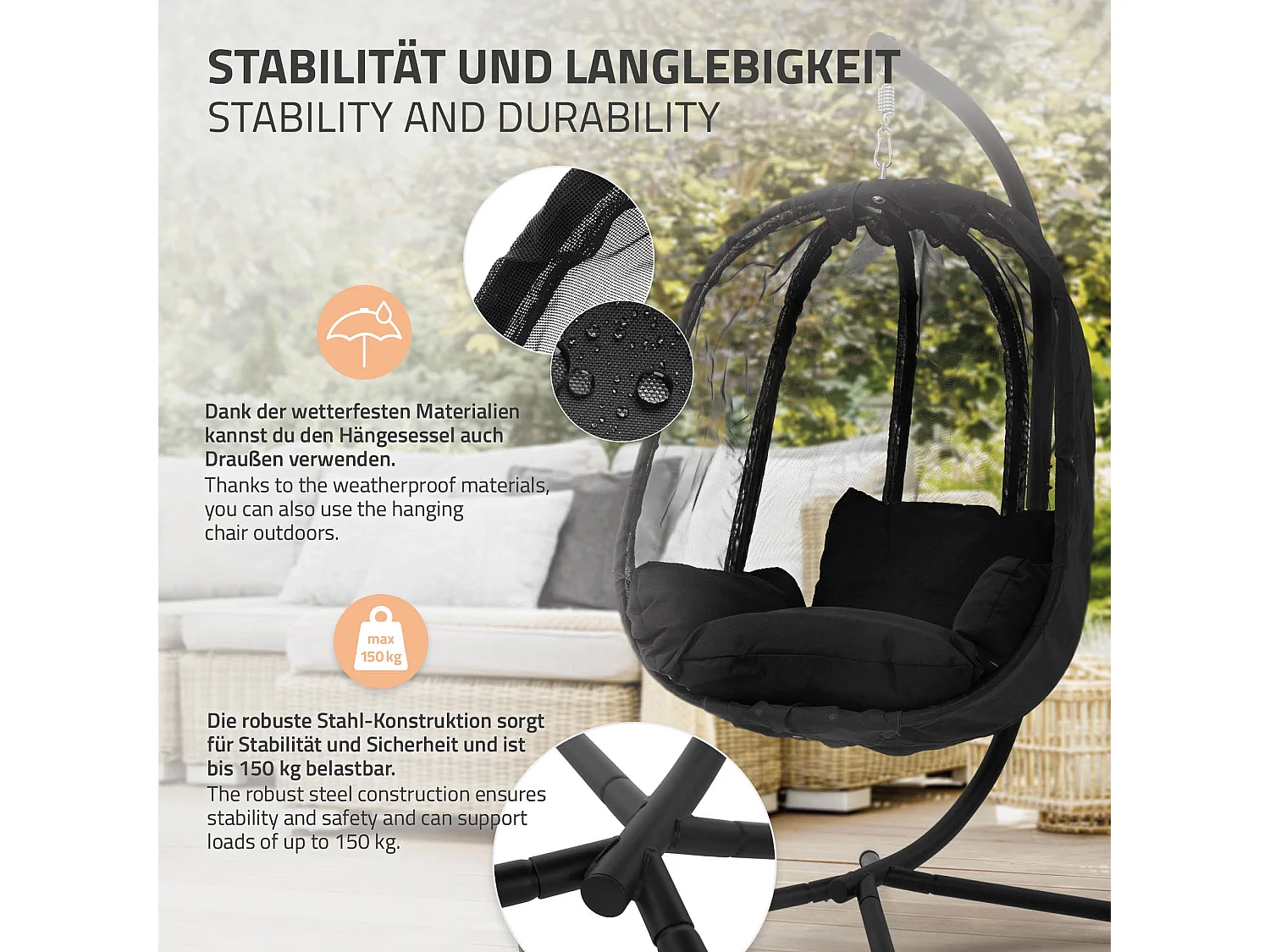 Chaise suspendue fauteuil œuf intérieur/extérieur coussins noir et housse noir