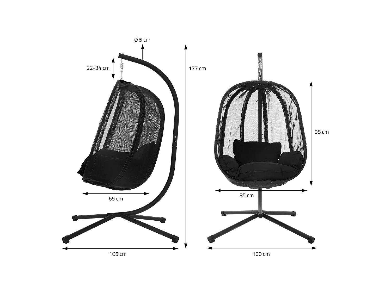Chaise suspendue fauteuil œuf intérieur/extérieur coussins noir et housse noir
