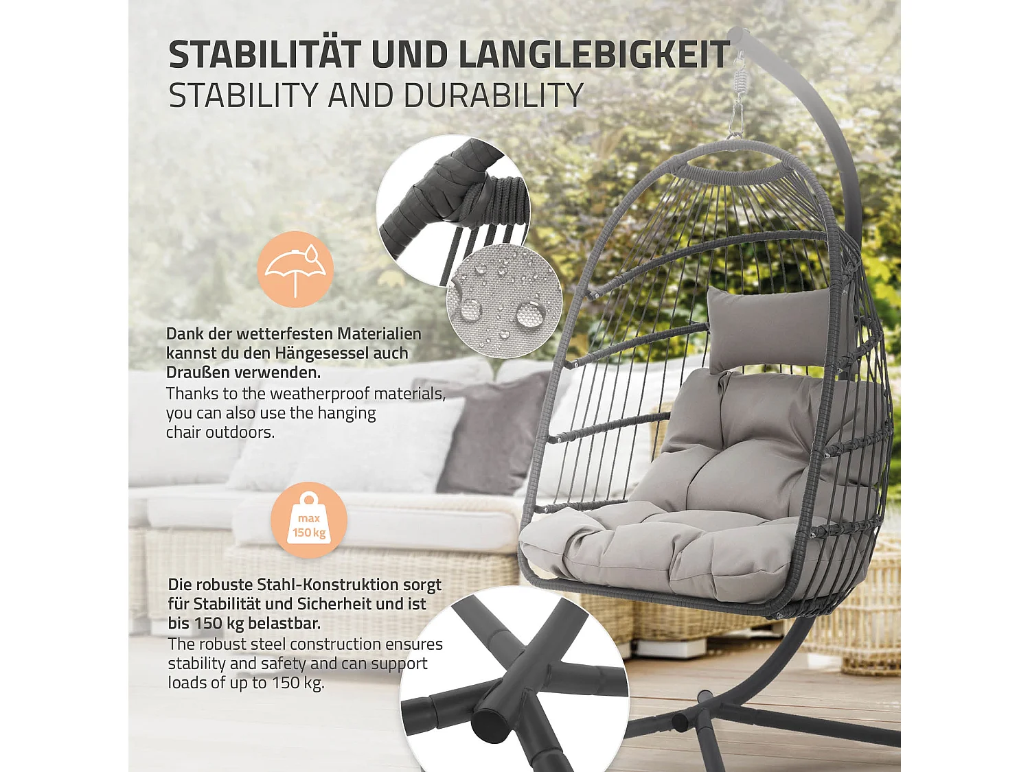 Sedia pensile con telaio grigio chiaro e custodia max. 150kg per interno/esterno