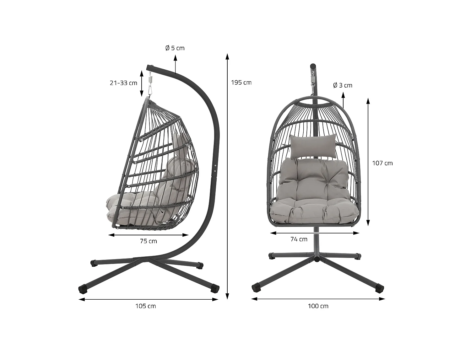 Sedia pensile con telaio grigio chiaro e custodia max. 150kg per interno/esterno