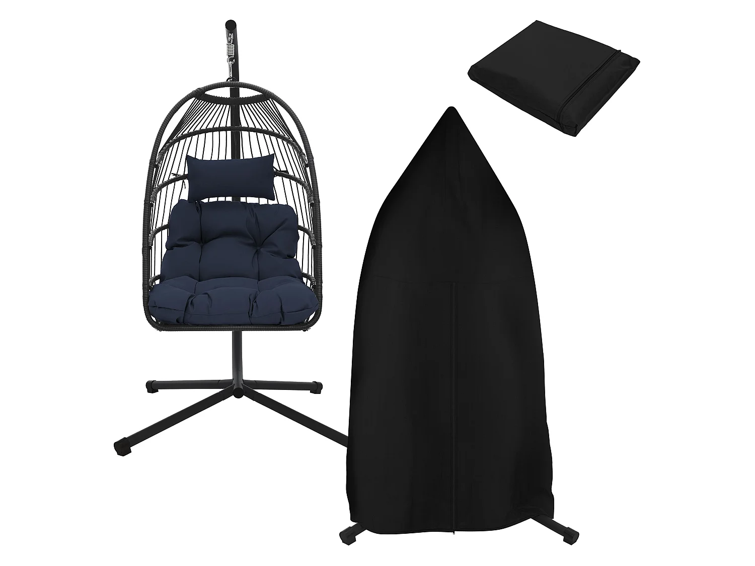 Chaise suspendue fauteuil œuf intérieur/extérieur coussin bleu marine + housse