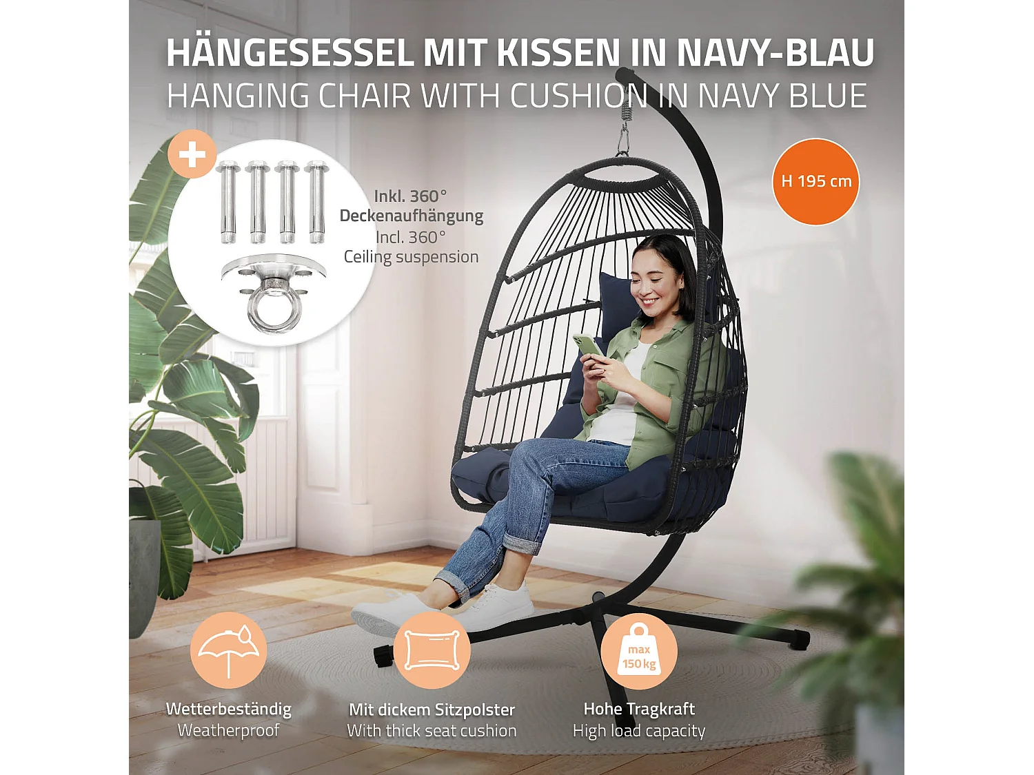 Chaise suspendue fauteuil œuf intérieur/extérieur coussin bleu marine + housse