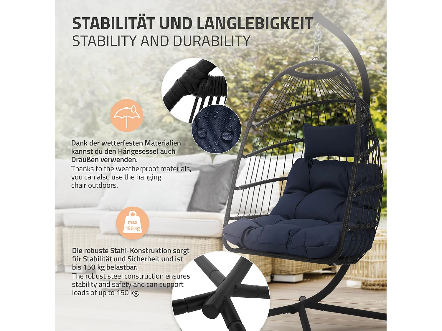 Chaise suspendue fauteuil œuf intérieur/extérieur coussin bleu marine + housse