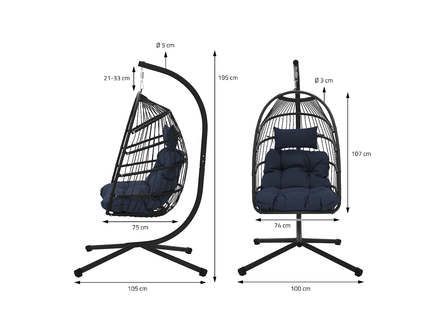 Chaise suspendue fauteuil œuf intérieur/extérieur coussin bleu marine + housse