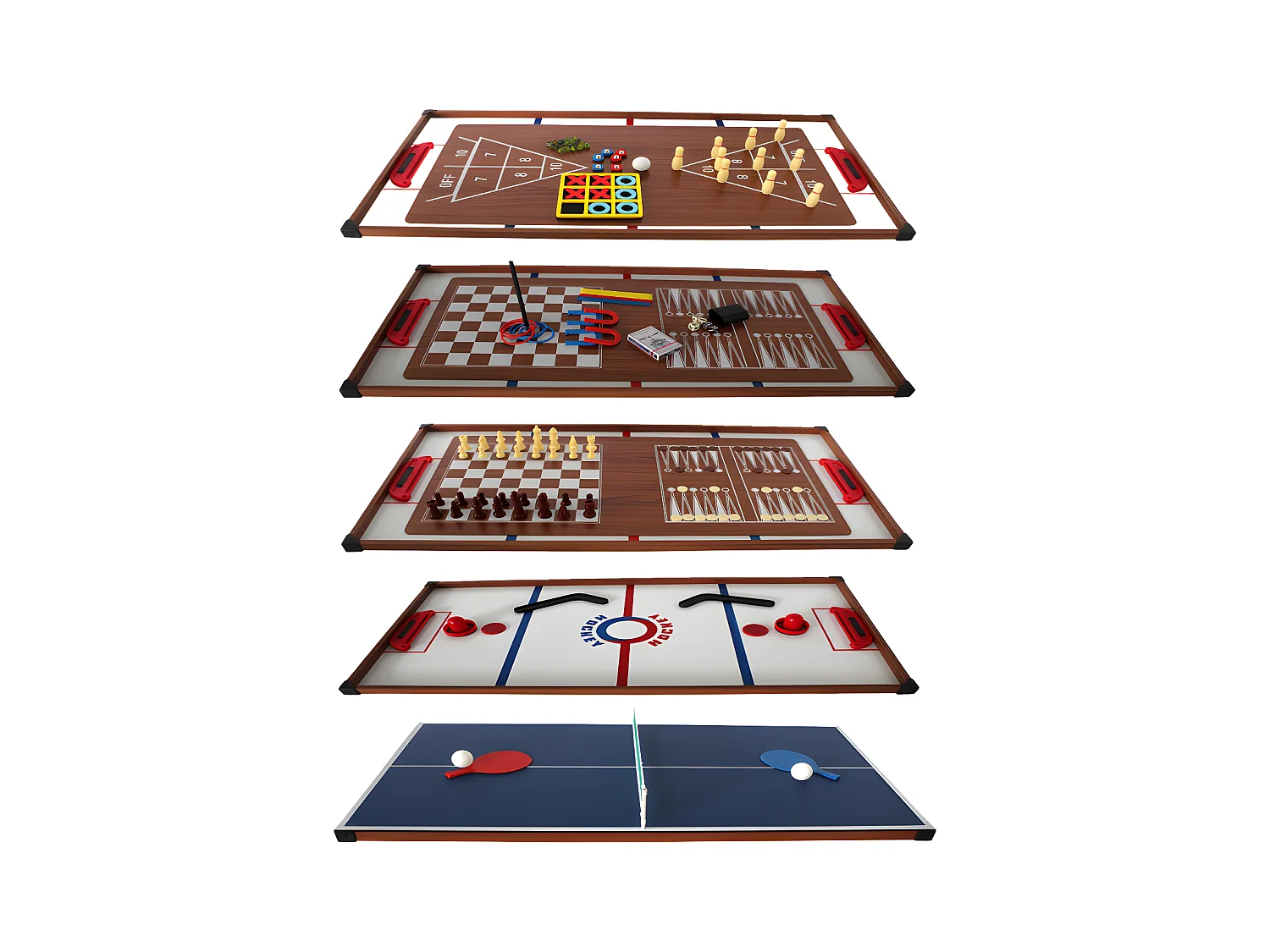 Plateaux Multi-jeux, 14 jeux : Ping Pong, Air Hockey, Bowling, Echec, Mikado, Back Gammon 97 x 49 x 3 cm