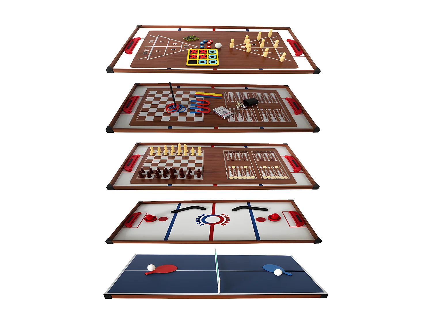 Plateaux Multi-jeux, 14 jeux : Ping Pong, Air Hockey, Bowling, Echec, Mikado, Back Gammon 97 x 49 x 3 cm