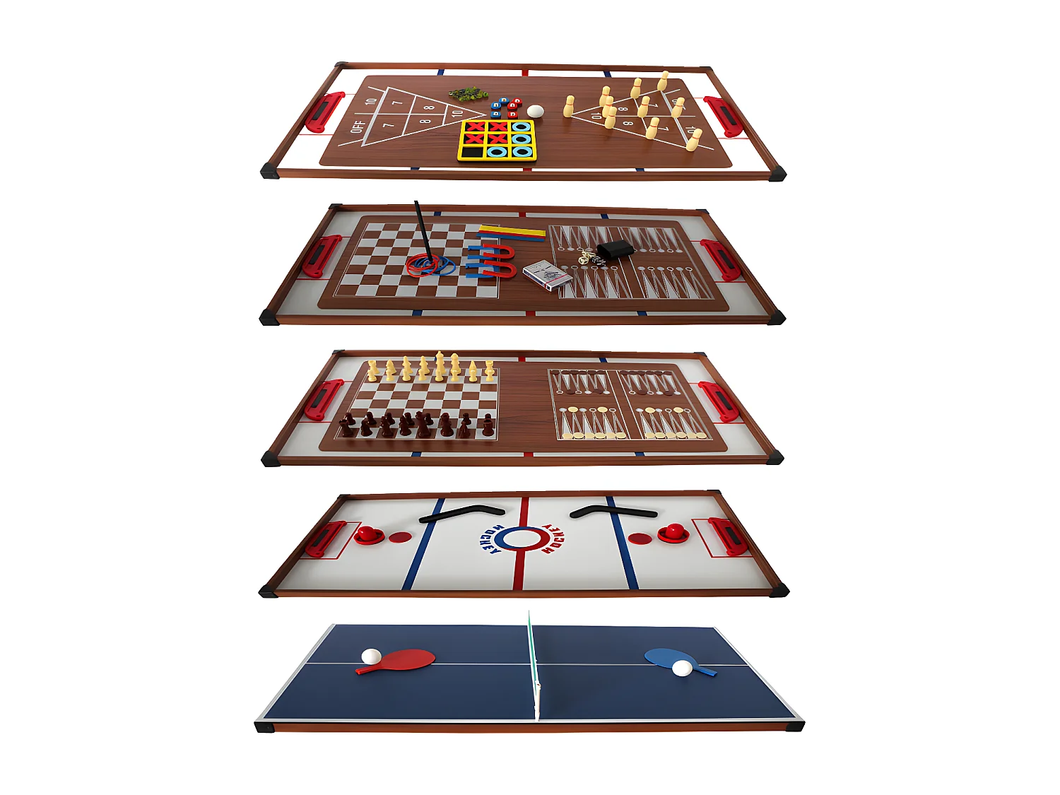 Plateaux Multi-jeux, 14 jeux : Ping Pong, Air Hockey, Bowling, Echec, Mikado, Back Gammon 97 x 49 x 3 cm