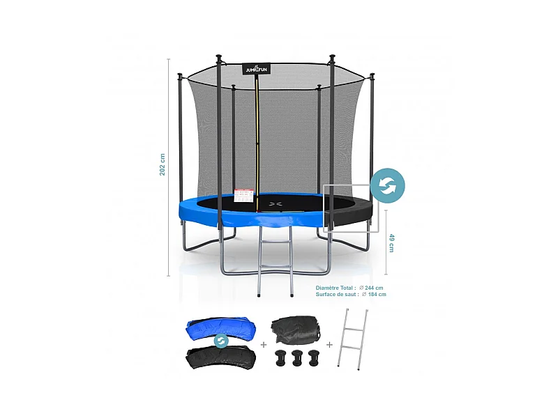 Trampoline extérieur Classique ø 244 cm- 8FT- Filet intérieur, Matelas de protection réversible et Echelle