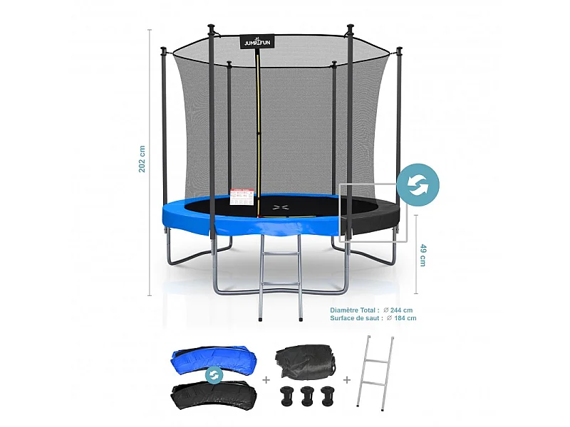 Trampoline extérieur Classique ø 244 cm- 8FT- Filet intérieur, Matelas de protection réversible et Echelle