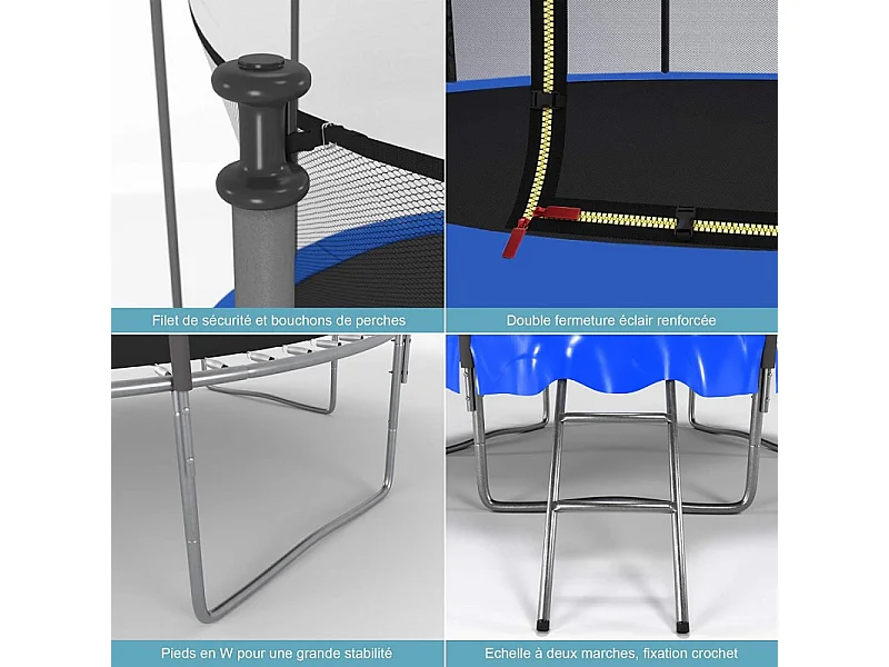 Trampoline extérieur Classique 8Ft ø244cm avec coussin de protection réversible Bleu/Noir, Echelle et Filet de sécurité
