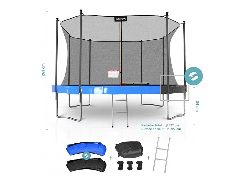 Trampoline de Jardin Classique 14FT ø427cm Pack trampo avec Matelas Réversible Bleu/Noir, Echelle, Filet de sécurité
