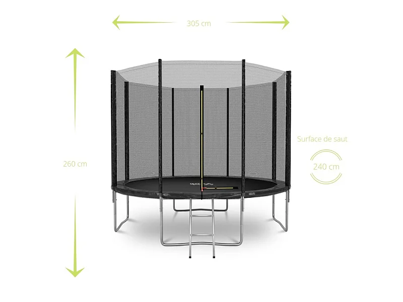 Trampoline de Jardin Deluxe 10FT ø305cm Noir - avec Filet de sécurité, Tapis de saut, Coussin de protection, Echelle
