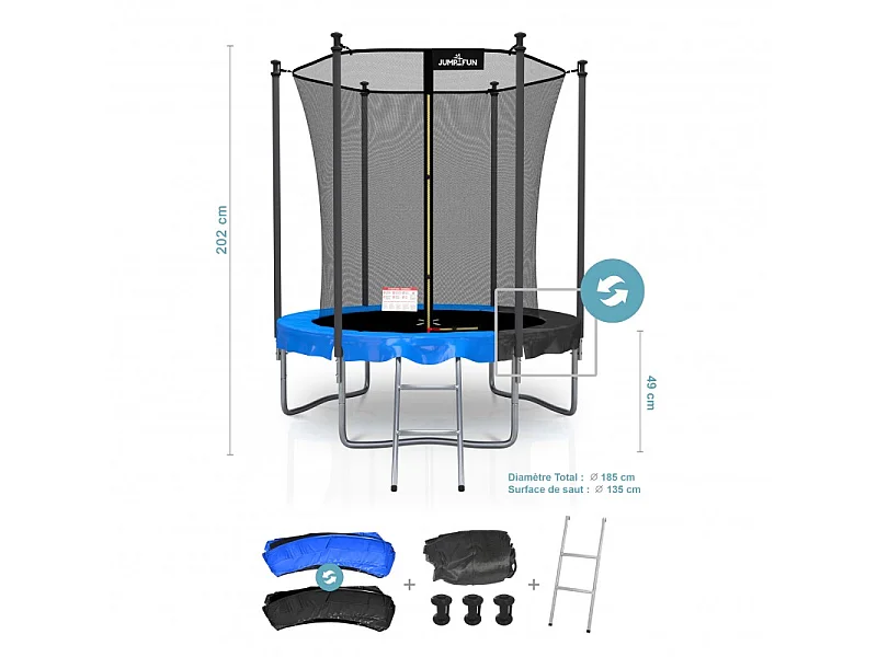 Trampoline extérieur Classique ø185 cm- 6FT- Filet intérieur, Matelas de protection réversible et Echelle