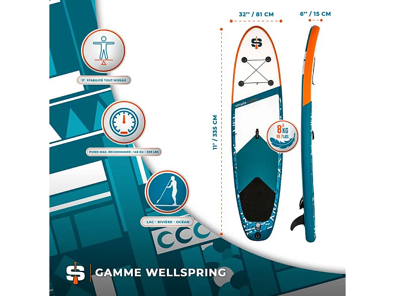 Paddle Gonflable L 11' 32'' 6'' (335 x 81 x 15 cm) avec Pagaie, Leash, Pompe et Sac de Transport