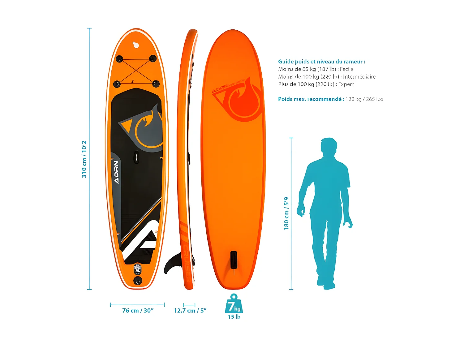 Paddle Gonflable CRUISER 10'2 30'' 5'' (310x76x12,7cm) avec Pompe, Pagaie, Leash et Sac de transport