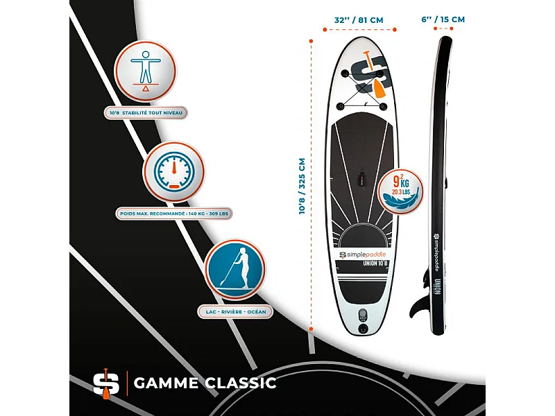 Paddle Gonflable UNION 10'8 32'' 6" (320 x 81 x 15 cm) avec Pagaie, Leash, Pompe et Sac de Transport