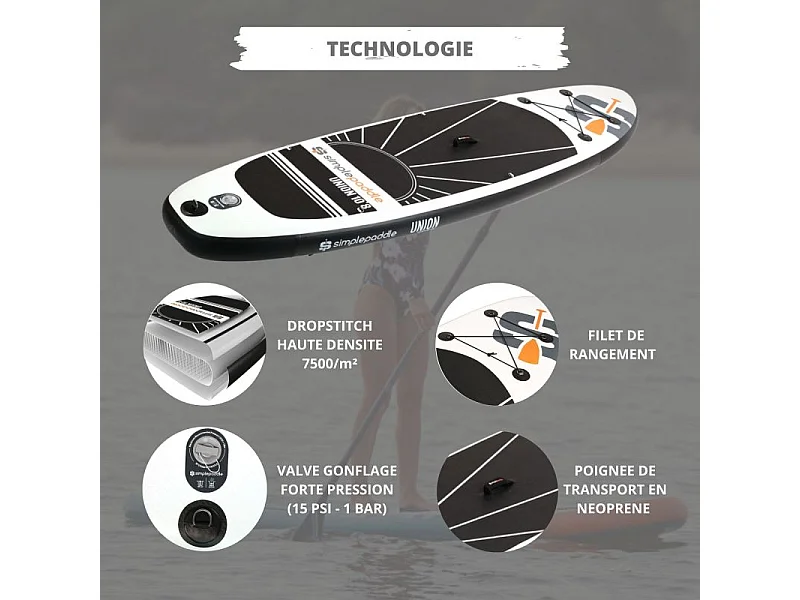 Paddle Gonflable UNION 10'8 32'' 6" (320 x 81 x 15 cm) avec Pagaie, Leash, Pompe et Sac de Transport