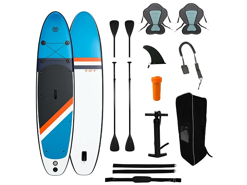 Paddle Gonflable 2 personnes TWO 12' 32'' 6'' (366x81x15cm) avec Pompe, 2 Pagaies, 2 sièges de kayak, Leash et Sac de Transport