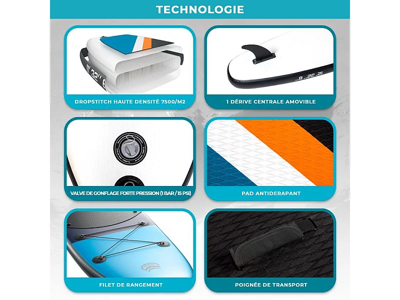 Paddle Gonflable 2 personnes TWO 12' 32'' 6'' (366x81x15cm) avec Pompe, 2 Pagaies, 2 sièges de kayak, Leash et Sac de Transport