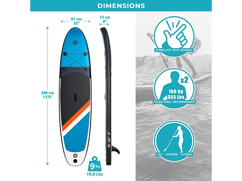 Paddle Gonflable 2 personnes TWO 12' 32'' 6'' (366x81x15cm) avec Pompe, 2 Pagaies, 2 sièges de kayak, Leash et Sac de Transport